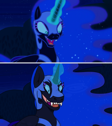 Size: 1280x1440 | Tagged: safe, artist:mythologysalad, nightmare moon, the cutie re-mark, alternate timeline, magic, nightmare takeover timeline, open mouth, scene interpretation, smiling, solo