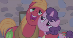 Size: 1366x722 | Tagged: safe, screencap, big macintosh, sugar belle, earth pony, pony, hard to say anything, cuddling, embrace, female, hug, huzzle, male, mare, rubbing cheeks, shipping, singing, stallion, straight, sugarmac