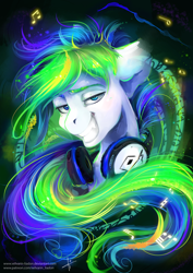 Size: 4000x5658 | Tagged: safe, artist:wilvarin-liadon, oc, oc only, oc:flying echo, earth pony, pony, absurd resolution, grin, headphones, looking at you, male, smiling, solo, stallion