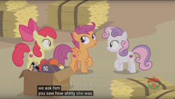 Size: 960x540 | Tagged: safe, screencap, apple bloom, scootaloo, sweetie belle, pony, hard to say anything, cutie mark crusaders, meme, vulgar, youtube caption