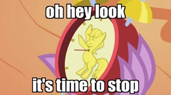 Size: 1054x592 | Tagged: safe, edit, edited screencap, screencap, spike, dragon, owl's well that ends well, alarm clock, clock, image macro, it's time to stop, meme, reaction image, solo