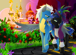 Size: 3477x2550 | Tagged: safe, artist:daydreamerpony, artist:lileya, edit, oc, oc only, oc:rayne, oc:storm, pony, flower, garden, rose