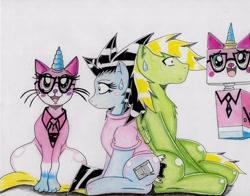 Size: 3220x2528 | Tagged: safe, artist:haruka takahashi, oc, oc only, oc:haruka takahashi, oc:michael, cat, earth pony, pegasus, pony, bowtie, catified, confused, crossover, glasses, lego, species swap, the lego movie, traditional art, unikitty