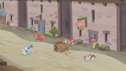Size: 1366x768 | Tagged: safe, screencap, apple bloom, big macintosh, double diamond, feather bangs, party favor, scootaloo, sugar belle, sweetie belle, earth pony, pony, hard to say anything, cutie mark crusaders, male, our town, stallion, sugarbangs