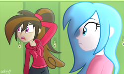 Size: 1024x614 | Tagged: safe, artist:wubcakeva, oc, oc only, oc:angel love, oc:cupcake slash, equestria girls, clothes, duo, equestria girls-ified, female, hoodie, lockers, looking at something, sweater