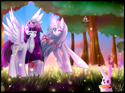 Size: 945x703 | Tagged: safe, artist:twily-star, oc, oc only, oc:twily star, alicorn, owl, pony, rabbit, unicorn, female, forest, magic, mare, tree