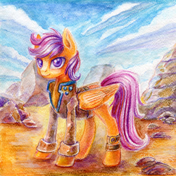 Size: 900x900 | Tagged: safe, artist:asimos, artist:maytee, scootaloo, clothes, rock, solo, traditional art