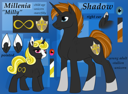 Size: 1145x840 | Tagged: safe, artist:mythpony, oc, oc only, oc:millenia, oc:shadow, pony, unicorn, female, filly, male, mare, reference sheet, stallion