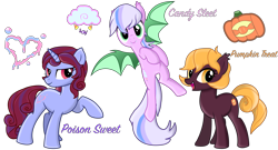 Size: 8500x4600 | Tagged: safe, artist:remcmaximus, oc, oc only, oc:candy sleet, oc:poison sweet, oc:pumpkin treat, bat, bat pony, earth pony, pony, unicorn, absurd resolution, cutie mark, simple background, transparent background