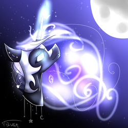 Size: 4000x4000 | Tagged: safe, artist:amai-aji, nightmare moon, bust, glowing horn, moon, portrait, solo