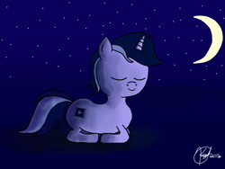 Size: 2048x1536 | Tagged: safe, artist:kimjoman, oc, oc only, oc:purple flix, pony, drawing, moon, night, sleeping, solo, stars