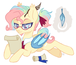 Size: 2448x2092 | Tagged: safe, artist:hawthornss, oc, oc only, oc:final flourish, bat pony, pony, cute little fangs, ear fluff, fangs, feather, freckles, glasses, hair accessory, male, necktie, parchment, prone, quill, reading, scroll, stallion