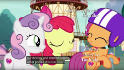 Size: 960x540 | Tagged: safe, screencap, apple bloom, scootaloo, sweetie belle, pony, the fault in our cutie marks, alcohol, beer, cutie mark, cutie mark crusaders, female, filly, meme, the cmc's cutie marks, youtube caption