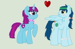 Size: 300x197 | Tagged: safe, artist:huskyrbtorchick, captain planet, mystery mint, pegasus, pony, unicorn, blushing, clothes, female, horn, male, planetmint, scarf, shipping, straight, wings