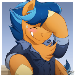 Size: 844x844 | Tagged: safe, artist:bcpony, oc, oc only, oc:lightning rider, pegasus, pony, blushing, chest fluff, clothes, polo shirt, smiling, solo