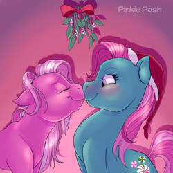 Size: 4000x4000 | Tagged: safe, artist:pinkieposh, minty, pinkie pie (g3), g3, christmas, cute, female, holiday, lesbian, mintypie, mistletoe, shipping