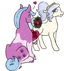 Size: 585x646 | Tagged: safe, artist:quoting_mungo, oc, oc only, oc:opalescent pearl, oc:puppy love, crystal pony, earth pony, pony, chocolates, courtship, female, flower, glitter, male, mare, rose, simple background, stallion, tail wag, transparent background