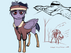 Size: 1024x768 | Tagged: safe, artist:loryska, oc, oc only, oc:thunder bird, oc:thunderbird, pegasus, pony, adopted offspring, clothes, crossbow, female, mare, parent:lightning dust, sketch, solo