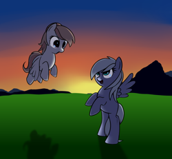 Size: 1280x1184 | Tagged: safe, artist:neuro, silverspeed, pegasus, pony, background pony, flying, rearing, sunset