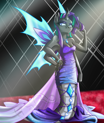 Size: 1100x1302 | Tagged: safe, artist:askcolorflare, oc, oc only, oc:sirenity, anthro, changeling, lamia, original species, breasts, carpet, changeling oc, cleavage, clothes, dress, female, jewelry, multiple arms, red carpet, solo