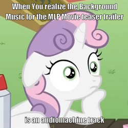 Size: 500x500 | Tagged: safe, edit, edited screencap, screencap, sweetie belle, pony, unicorn, my little pony: the movie, exploitable meme, female, filly, horn, image macro, meme, obligatory pony, solo, sudden clarity sweetie belle, text, two toned mane, white coat, wide eyes