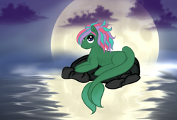 Size: 1600x1080 | Tagged: safe, artist:silversthreads, oc, oc only, oc:seajade, original species, pony, aquapony, female, mare, moon, moonlight, ocean, solo, water