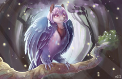 Size: 2000x1300 | Tagged: safe, artist:alina-sherl, oc, oc only, bird, monster pony, original species, forest, harpy, looking at you, monster mare, snow, snowfall, solo, species swap, tree branch