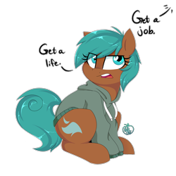 Size: 1600x1600 | Tagged: safe, artist:notenoughapples, oc, oc only, oc:apples, earth pony, pony, clothes, dialogue, female, hoodie, mare, offscreen character, ponysona, rule 63, simple background, solo, transparent background