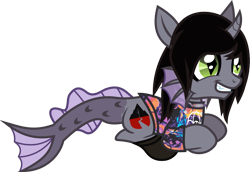 Size: 1357x936 | Tagged: safe, artist:lightningbolt, derpibooru exclusive, hybrid, pony, unicorn, .svg available, bring me the horizon, clothes, curved horn, emo, eyeliner, fangs, fins, fish tail, glow, grin, hair over one eye, half-siren, happy, horn, jewelry, kellin quinn, makeup, male, messy mane, necklace, open mouth, ponified, ponyloaf, prone, shirt, shoes, simple background, sleeping with sirens, slit eyes, smiling, socks, solo, stallion, svg, t-shirt, transparent background, trap, vector