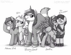 Size: 1280x989 | Tagged: safe, artist:onnanoko, oc, oc only, oc:autumn wind, oc:blazing comet, oc:earth strider, oc:noire, oc:soulfire, alicorn, earth pony, pegasus, pony, unicorn, alicorn oc, clothes, female, glasses, hoodie, male, mare, saddle bag, smiling, stallion