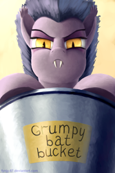 Size: 2000x3000 | Tagged: safe, artist:fynjy-87, oc, oc only, bat, bat pony, pony, bat bucket, low angle, solo