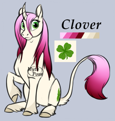 Size: 699x735 | Tagged: safe, artist:mythpony, oc, oc only, oc:clover, classical unicorn, pony, unicorn, curved horn, female, leonine tail, mare, reference sheet, sitting, solo, unshorn fetlocks