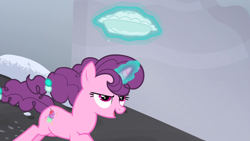 Size: 1280x720 | Tagged: safe, screencap, sugar belle, pony, unicorn, the cutie map, female, food, levitation, magic, magic aura, mare, pie, snow, snow pie, solo, telekinesis