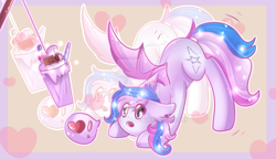 Size: 1024x589 | Tagged: safe, artist:twily-star, oc, oc only, oc:starbit, bat pony, pony, bat pony oc, exclamation point, female, heart, mare, milkshake, pictogram, solo, watermark