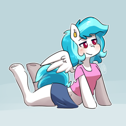 Size: 1000x1000 | Tagged: safe, artist:lucidlarceny, oc, oc only, oc:squeaky clean, anthro, pegasus, unguligrade anthro, arm hooves, blue background, clothes, colored pupils, shirt, shorts, simple background, solo