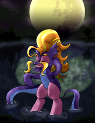 Size: 1614x2104 | Tagged: safe, artist:stec-corduroyroad, steven magnet, oc, oc only, oc:corduroy road, earth pony, pony, bipedal, bodysuit, clothes, costume, eyes closed, facial hair, lake, magnet, male, monster, moon, moustache, night, nightmare, nightmare night, outfit, reflection, solo, stallion, tail, water