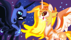 Size: 1280x720 | Tagged: safe, artist:jbond, daybreaker, nightmare moon, alicorn, pony, a royal problem, duo, gritted teeth, open mouth, royal sisters