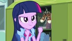Size: 1280x720 | Tagged: safe, screencap, twilight sparkle, equestria girls, >:), clothes, locker, shoes, sneakers, solo, this strange world