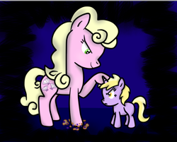 Size: 768x616 | Tagged: safe, artist:purpleloverpony, dinky hooves, millie, fanfic:aunt millie, aunt and niece, author:fluttercheer, blueberry muffin (food), fanfic, fanfic art, food, muffin