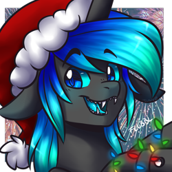 Size: 2000x2000 | Tagged: safe, artist:teeeluh, oc, oc only, oc:kryostasis, changeling, blue changeling, changeling oc, christmas lights, hat, santa hat, smiling, solo