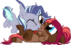 Size: 1024x651 | Tagged: safe, artist:kellythedrawinguni, oc, oc only, oc:rain, oc:ruef, bat pony, earth pony, pony, chibi, cute, female, mare, nuzzling, ocbetes, on back, one eye closed, simple background