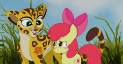 Size: 3902x2043 | Tagged: safe, artist:squipycheetah, apple bloom, cheetah, adorabloom, crossover, cute, cutie mark, duo, female, fuli, grass, grassland, happy, lion guard, looking back, looking down, looking up, sky, smiling, the cmc's cutie marks, the lion guard, the lion king, whiskers