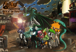 Size: 2800x1900 | Tagged: safe, artist:sw1tchbl4de, oc, oc only, oc:binary, oc:cherry pin, oc:comet, oc:dragonfire, oc:teal, oc:vertigo, dragon, earth pony, pony, unicorn, fallout equestria, fallout equestria: child of the stars, armor, clothes, commission, cover art, glowing horn, magic, wasteland, weapon