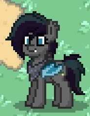 Size: 185x238 | Tagged: safe, oc, oc only, oc:moonlit dusk, bat pony, pony, blue eyes, blue wings, clothes, collar, fangs, game, pony town, scarf, solo