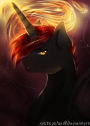 Size: 1073x1500 | Tagged: safe, artist:xkittyblue, oc, oc only, oc:crimson shadow, pony, unicorn, glowing mane, golden eyes, lidded eyes, looking at you, male, solo, stallion