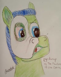 Size: 763x960 | Tagged: safe, artist:rapidsnap, oc, oc only, oc:rapidsnap, bloodshot eyes, crossover, deformed, mask, nightmare night, phantom of the opera, solo, traditional art