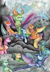 Size: 2369x3402 | Tagged: safe, artist:lunar-white-wolf, thorax, changedling, changeling, cloud, commission, eyes closed, group, king thorax, papa thorax, smiling, sun, traditional art