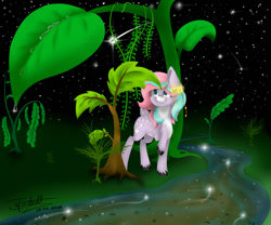 Size: 1024x853 | Tagged: dead source, safe, artist:themagicfantasy, oc, oc only, oc:pixie belle, deer, giant plant, plant, solo, starry night, stars