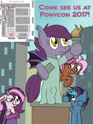 Size: 1200x1600 | Tagged: safe, artist:toonboy92484, oc, oc only, oc:bowtie, oc:mirage, oc:night stitch, oc:tiebreaker, bat pony, draconequus, earth pony, pegasus, pony, ponycon, statue of liberty