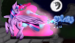 Size: 3584x2048 | Tagged: safe, artist:scalestroke315, nightmare moon, twilight sparkle, twilight sparkle (alicorn), alicorn, pony, fight, magic, mare in the moon, moon, unshorn fetlocks